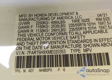 2021 Honda Cr-V Hybrid Touring z USA, uszkodzony, nr VIN 7FART6H9XME020353